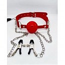  DS Fetish Ball gag with nipple clamps red